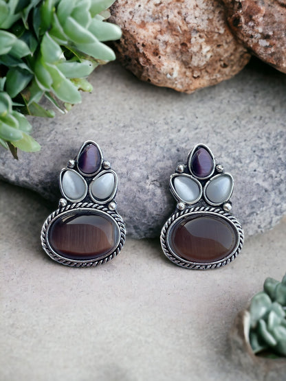 Brown & Purple Monalisa Stone German Silver Earrings