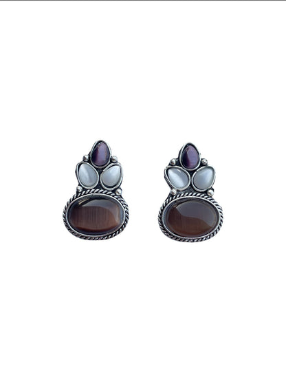 Brown & Purple Monalisa Stone German Silver Earrings