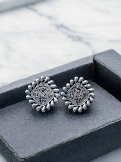 Oxidised Silver Paisa Coin Stud Earrings