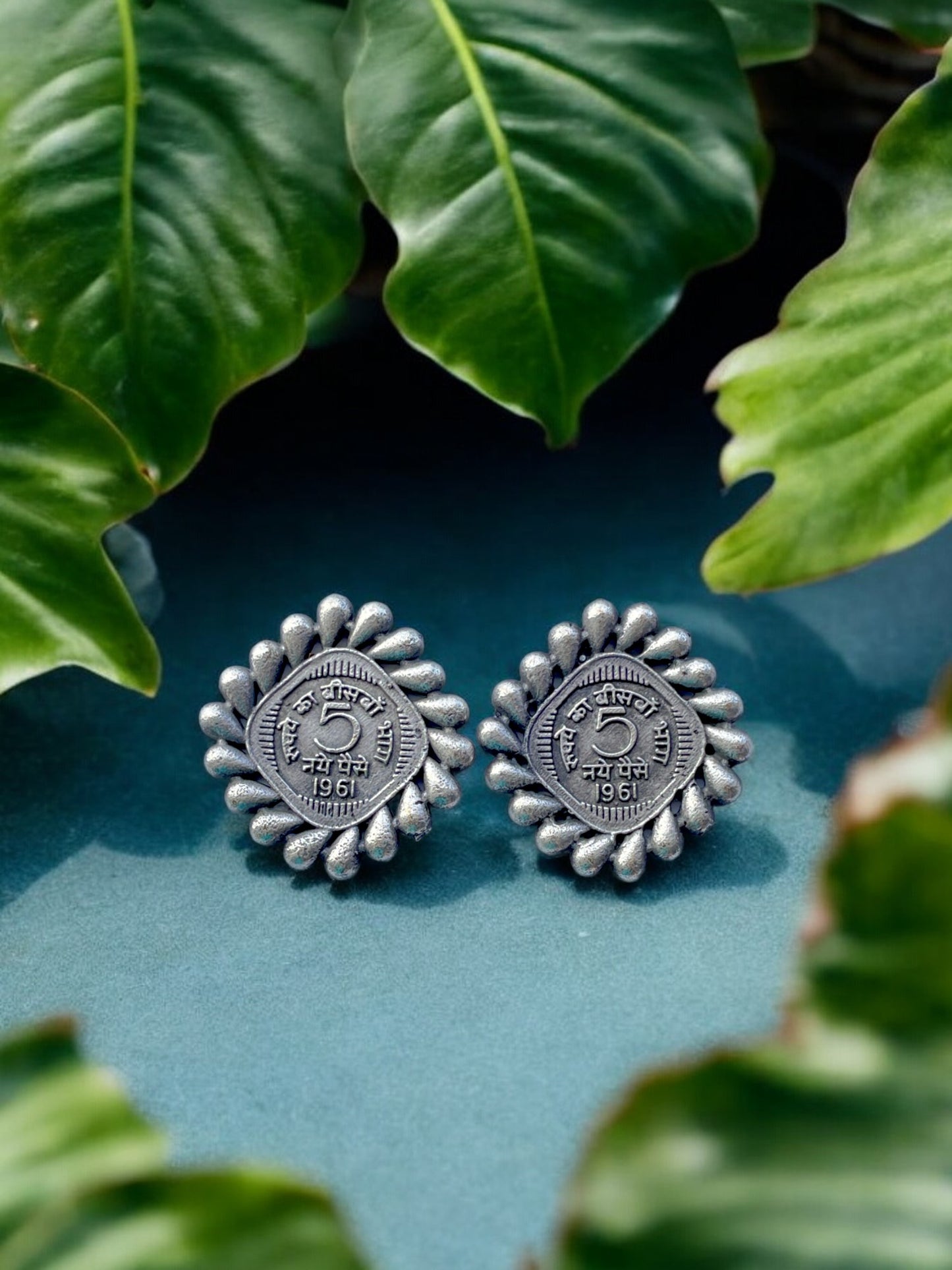 Oxidised Silver Paisa Coin Stud Earrings