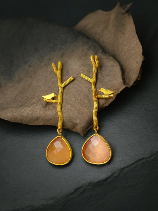 Gold-Plated Bird with Monalisa Stone Long Earring