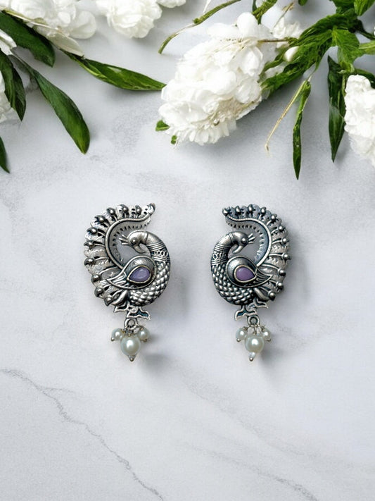 Peacock Feather German Silver Earrings