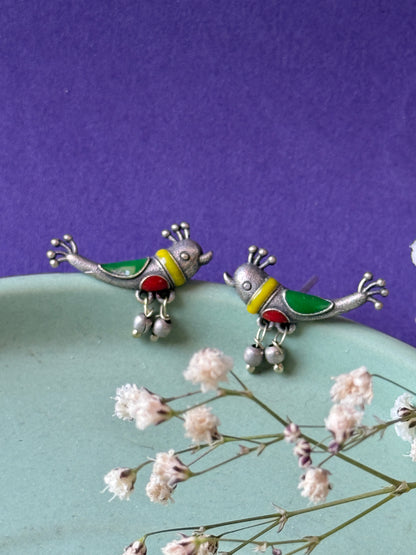 Colourful Bird Earrings – Hand-Painted Statement Design