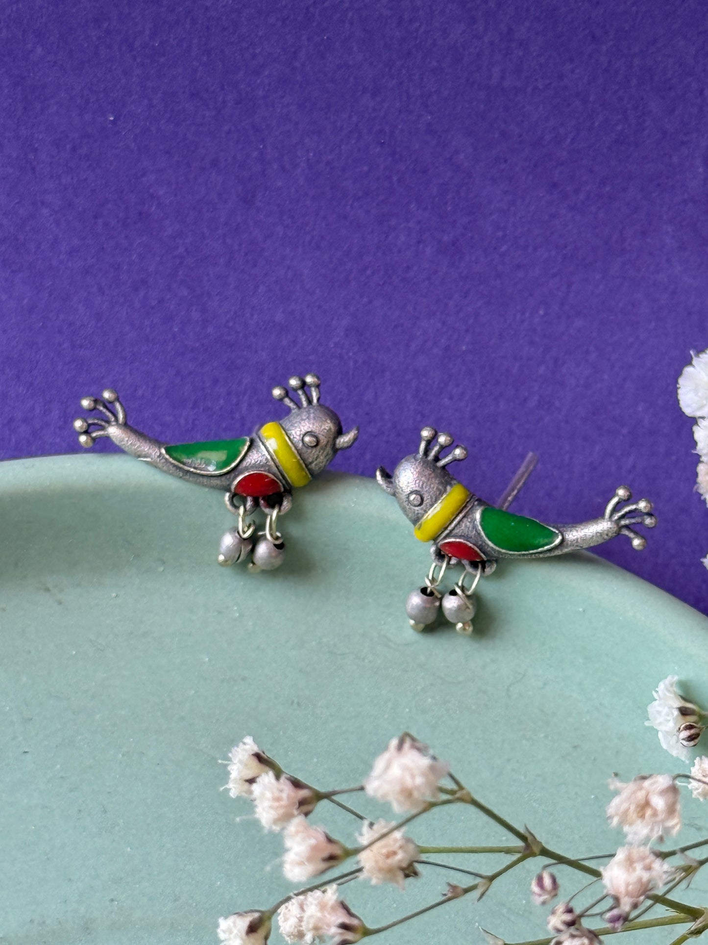 Colourful Bird Earrings – Hand-Painted Statement Design