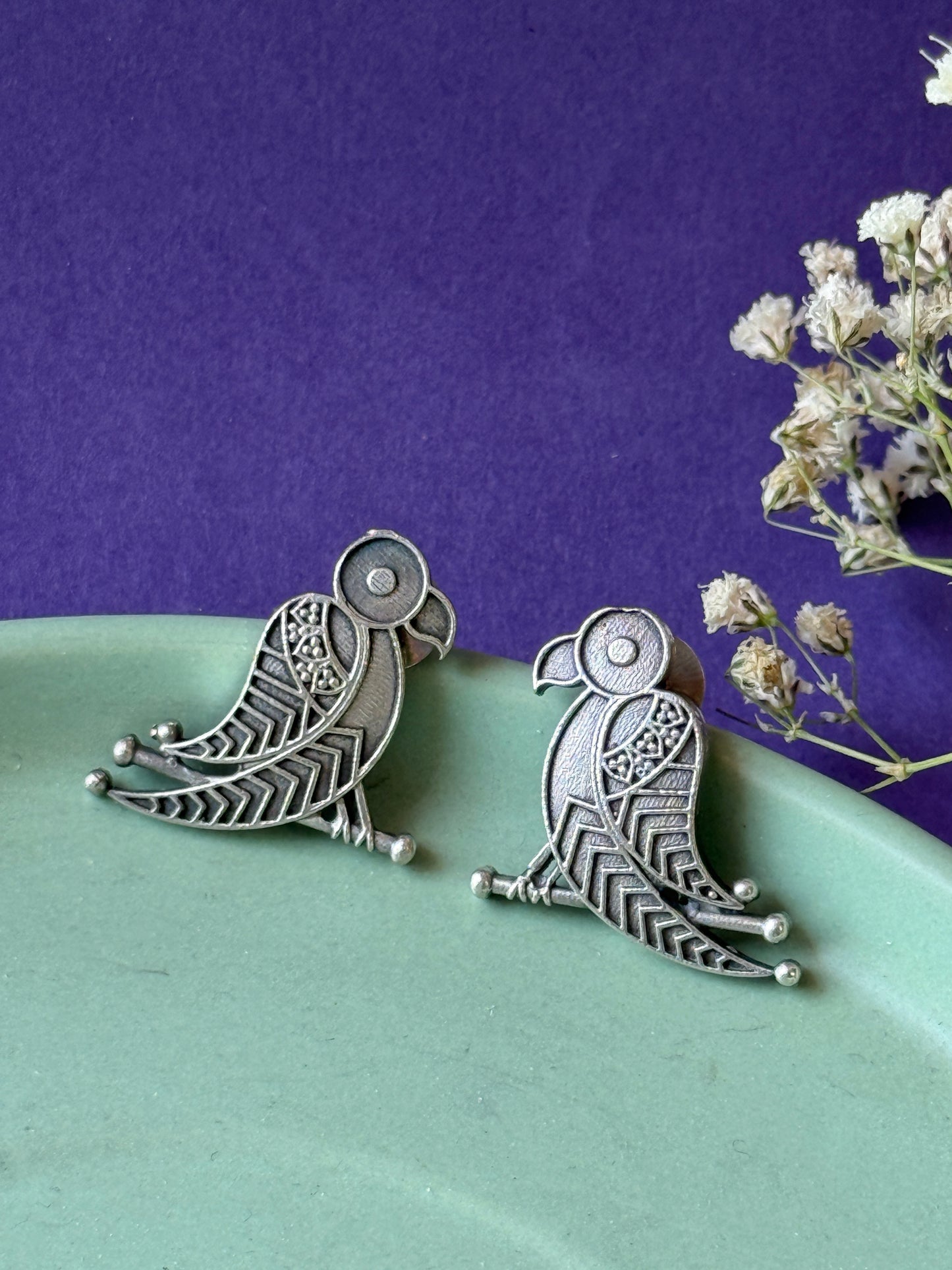 Parrot Stud Earrings – Oxidized German Silver