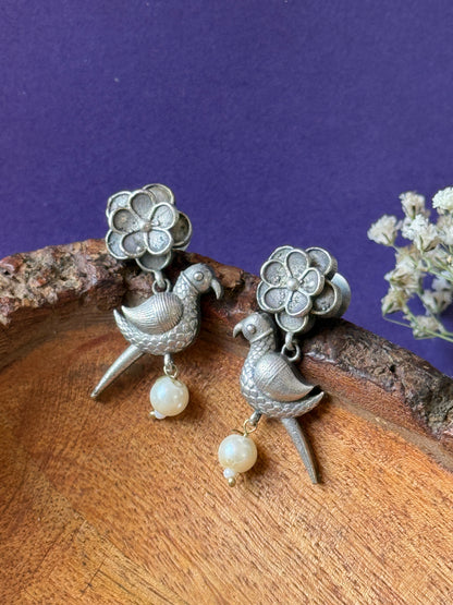 Embedded Stud Earrings with Hanging Bird Charm