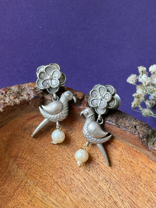 Embedded Stud Earrings with Hanging Bird Charm