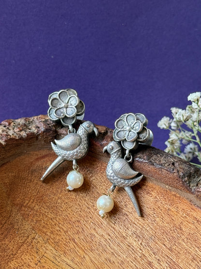 Embedded Stud Earrings with Hanging Bird Charm