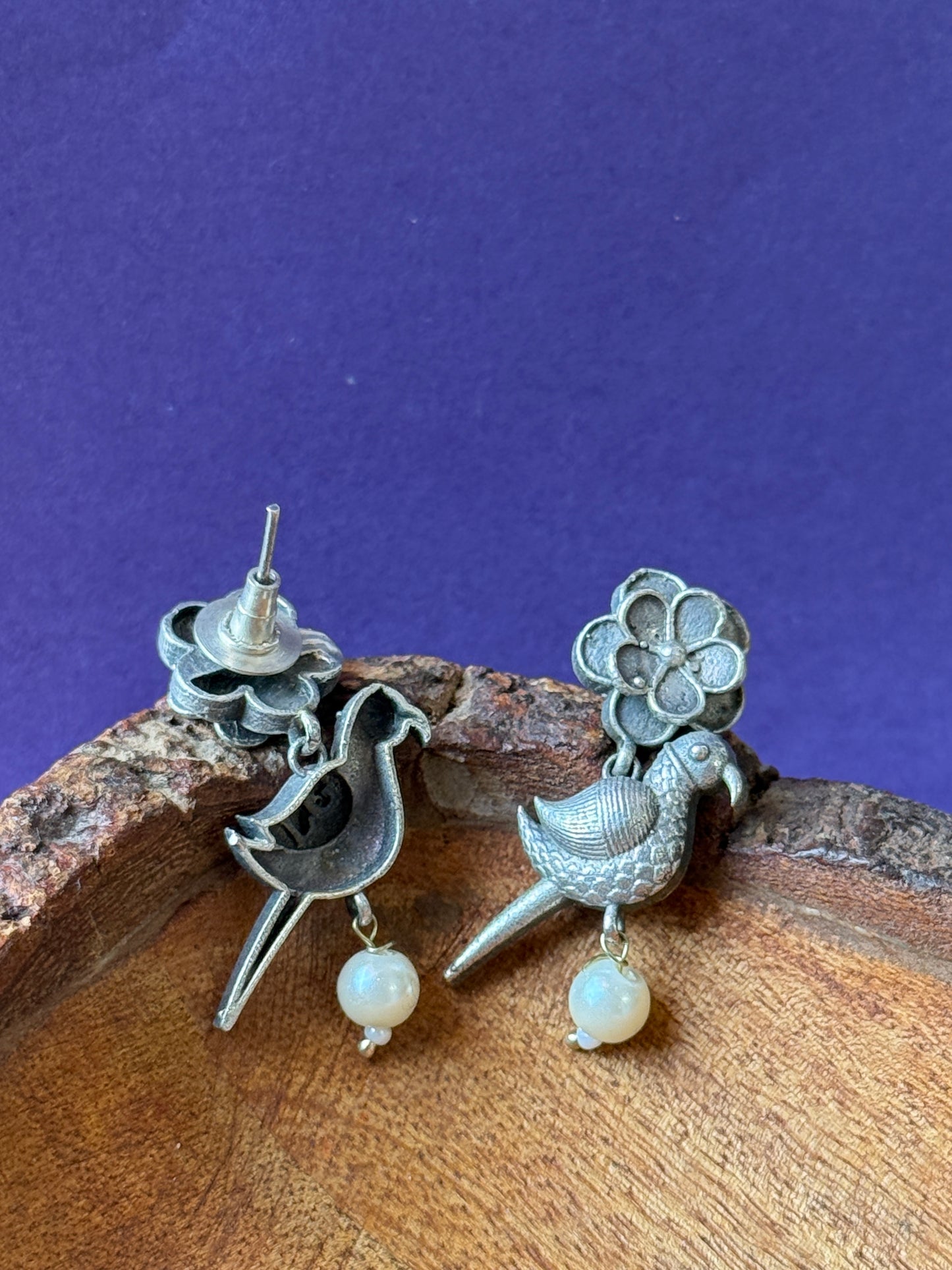 Embedded Stud Earrings with Hanging Bird Charm