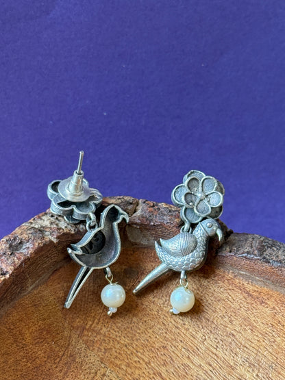 Embedded Stud Earrings with Hanging Bird Charm