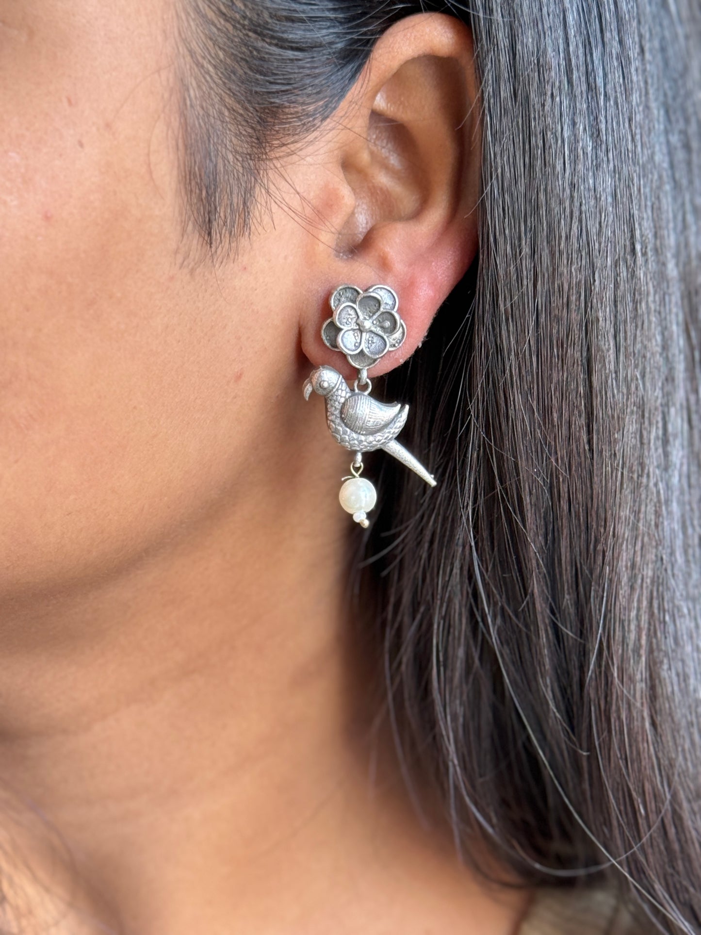 Embedded Stud Earrings with Hanging Bird Charm
