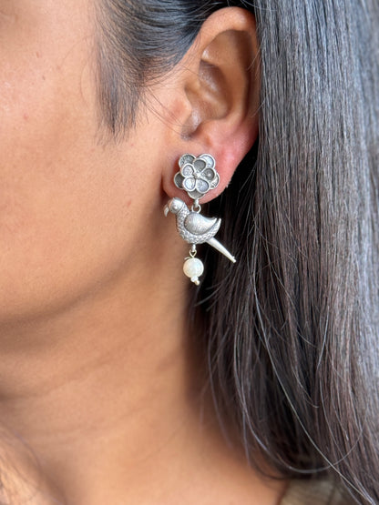 Embedded Stud Earrings with Hanging Bird Charm