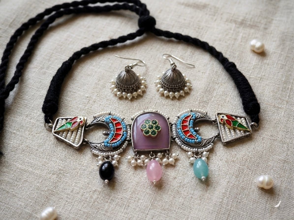 Silver Plated Pink Oxidised Necklace Set with Jhumka Earrings