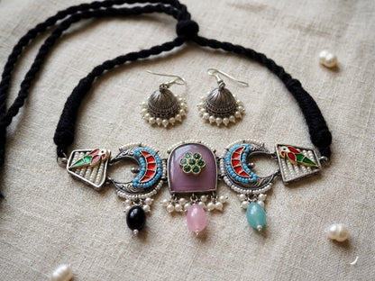 Silver Plated Pink Oxidised Necklace Set with Jhumka Earrings