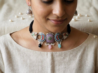 Silver Plated Pink Oxidised Necklace Set with Jhumka Earrings