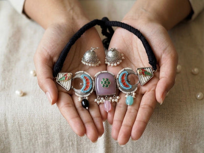 Silver Plated Pink Oxidised Necklace Set with Jhumka Earrings