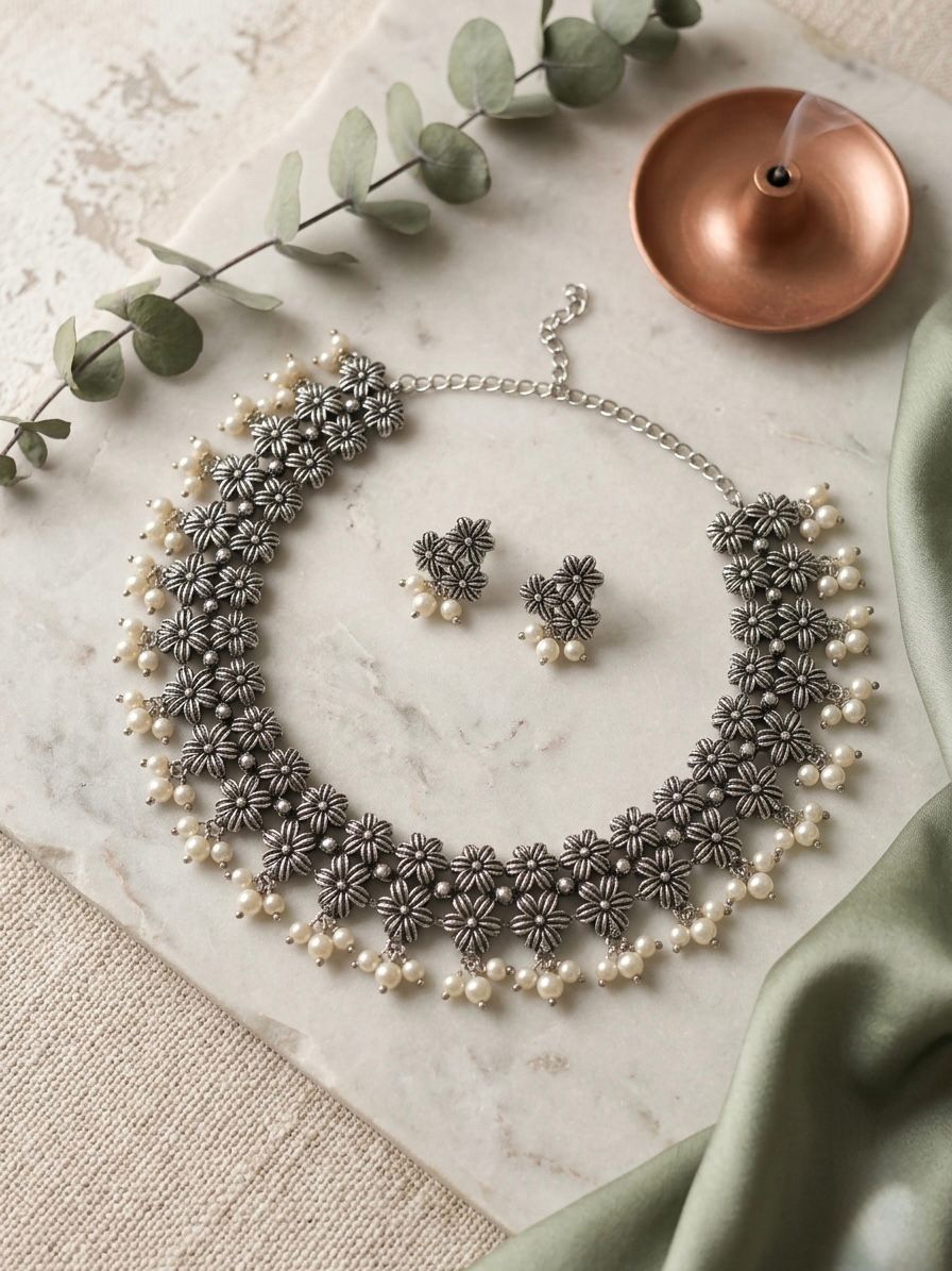Floral Oxidised Silver Statement Necklace