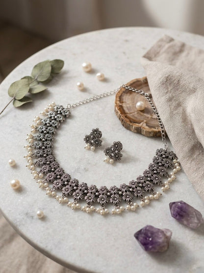 Floral Oxidised Silver Statement Necklace
