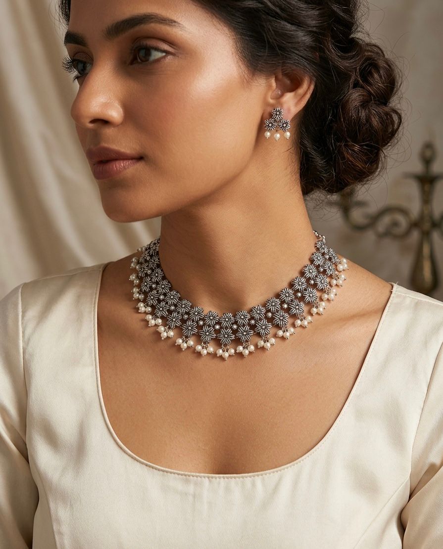 Floral Oxidised Silver Statement Necklace