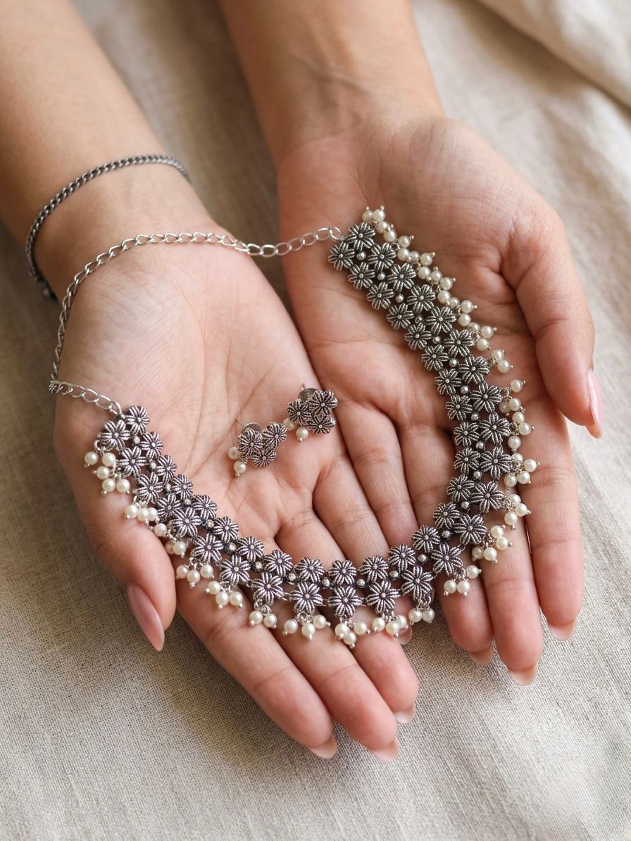 Floral Oxidised Silver Statement Necklace
