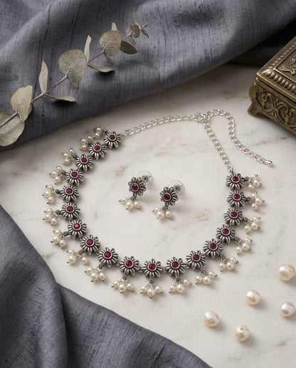 Red Floral Oxidised Silver Necklace Set with Earrings