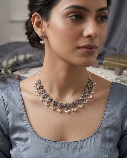 Red Floral Oxidised Silver Necklace Set with Earrings