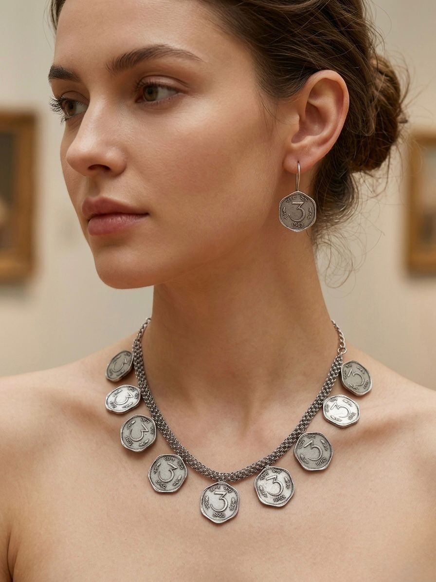 3 Paisa Oxidised Necklace Set with Earrings