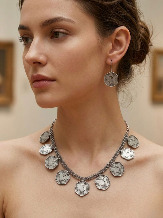 3 Paisa Oxidised Necklace Set with Earrings
