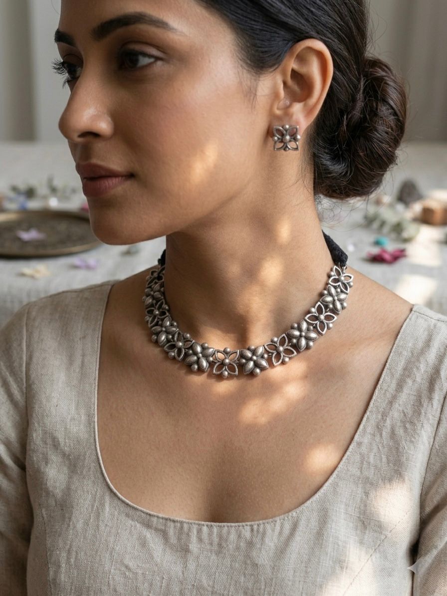 Vanya Floral Oxidised Necklace Set with Earrings