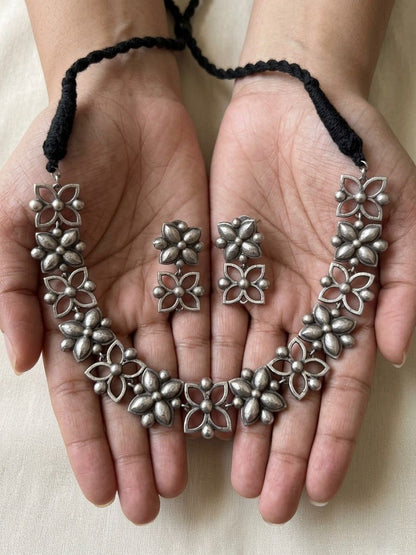 Vanya Floral Oxidised Necklace Set with Earrings