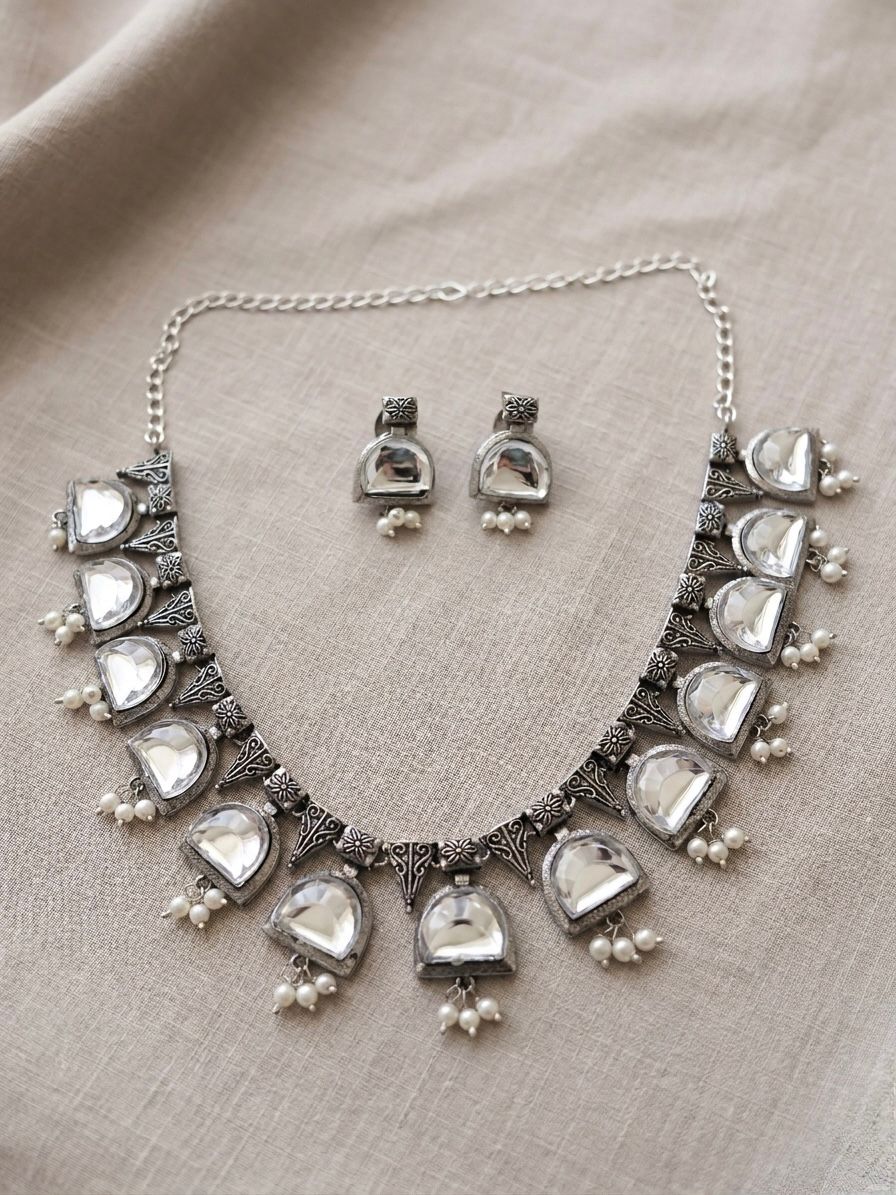Moonstone Elegance Oxidised Necklace Set with Earrings