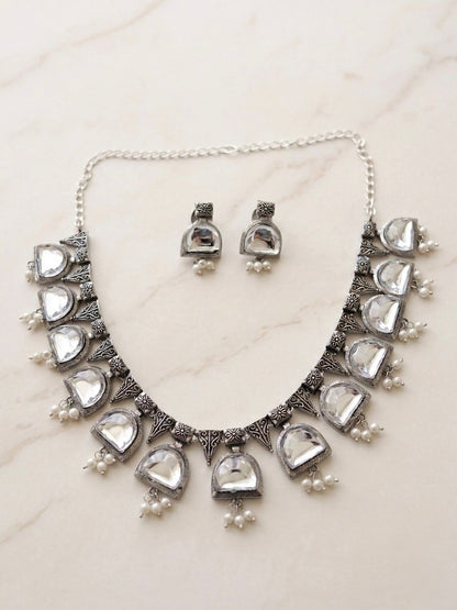 Moonstone Elegance Oxidised Necklace Set with Earrings
