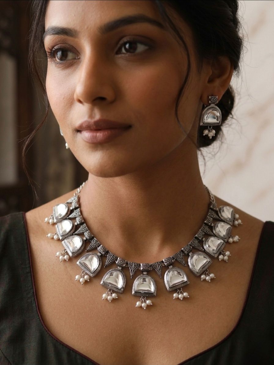 Moonstone Elegance Oxidised Necklace Set with Earrings