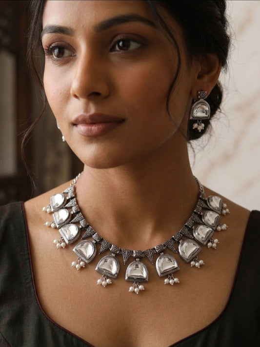 Moonstone Elegance Oxidised Necklace Set with Earrings