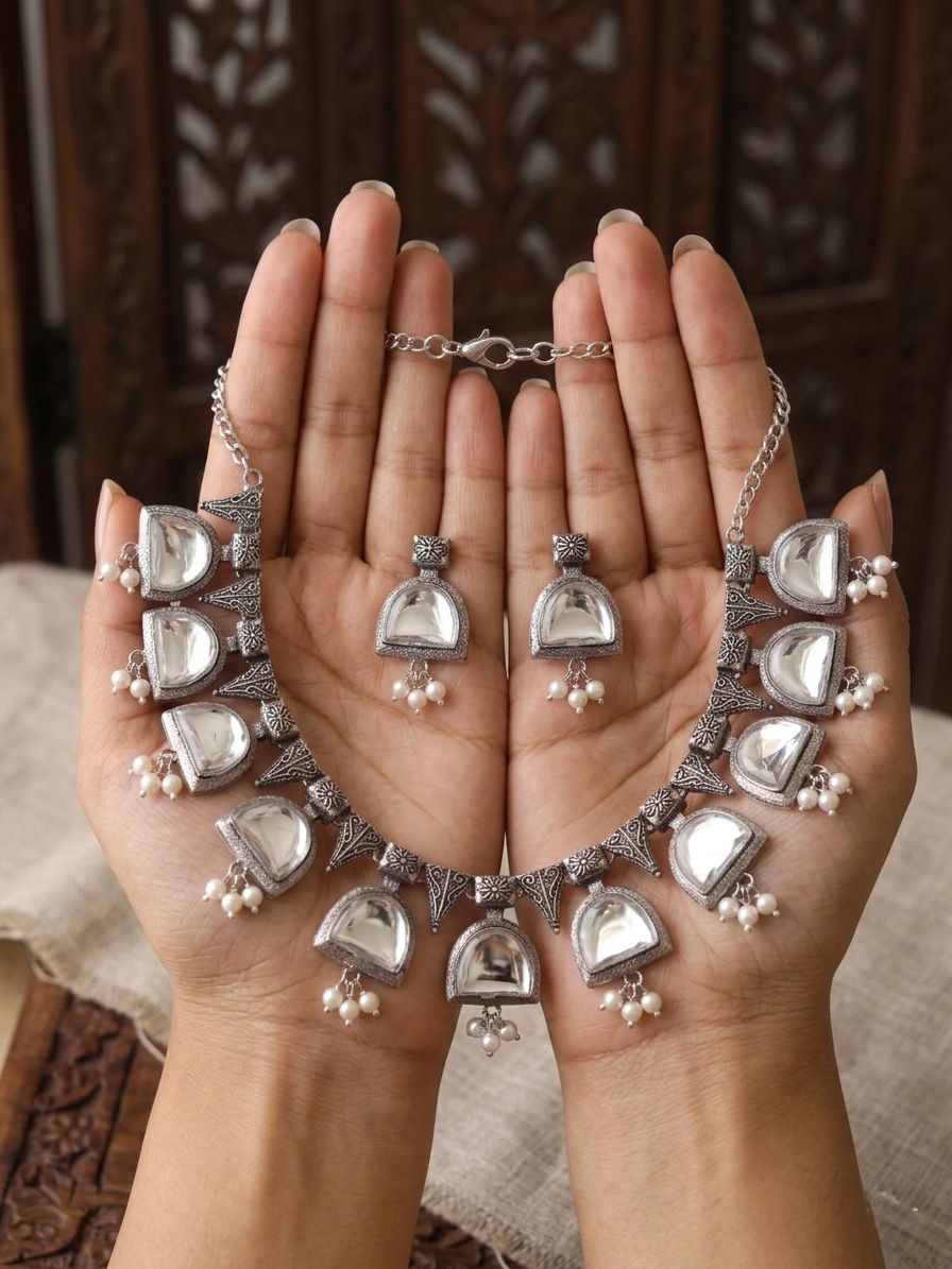 Moonstone Elegance Oxidised Necklace Set with Earrings