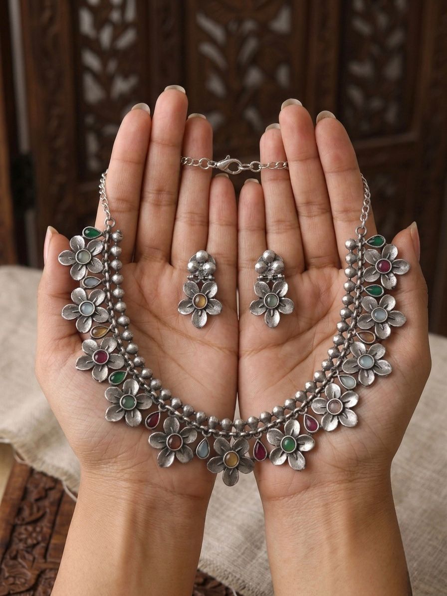 Rangriti Floral Multi-Stone Oxidised Necklace Set with Earrings