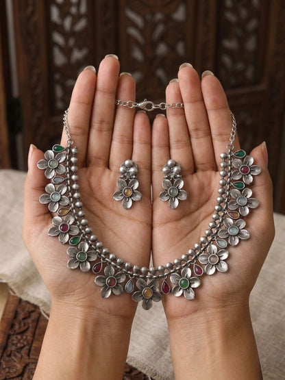 Rangriti Floral Multi-Stone Oxidised Necklace Set with Earrings