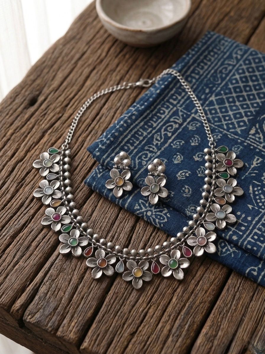 Rangriti Floral Multi-Stone Oxidised Necklace Set with Earrings