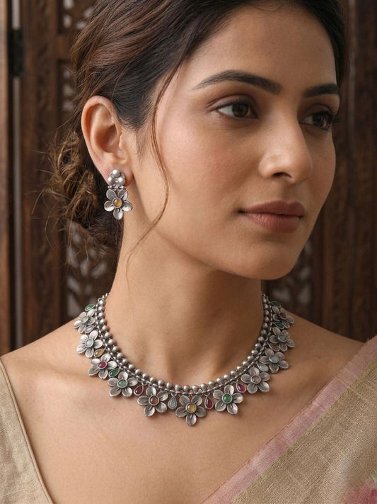 Rangriti Floral Multi-Stone Oxidised Necklace Set with Earrings