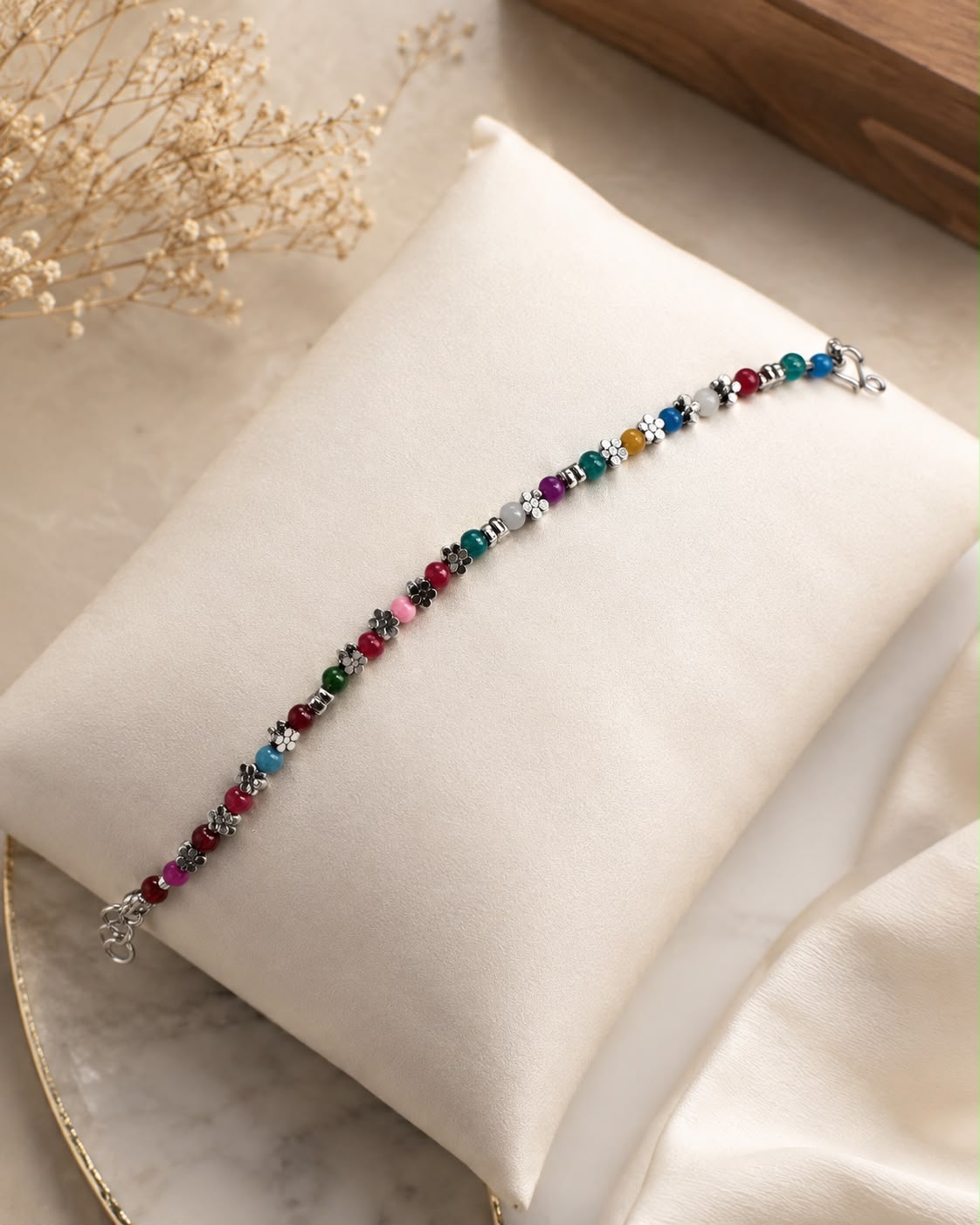 Multi-Colour Floral Charm Bracelet – Anti Tarnish | Free Size