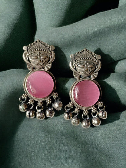 Silver Lookalike Silk Stone Embedded Face Earrings