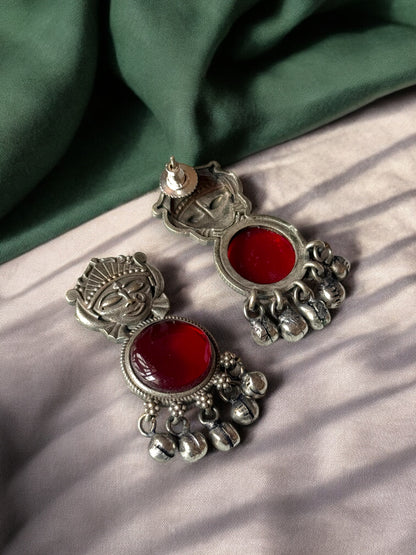 Silver Lookalike Silk Stone Embedded Face Earrings